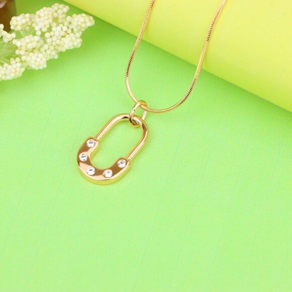 "Rose Gold Modern U-Shaped Pendant with Sparkling Stone Inlay, XPPT1223 - Picture 4 of 13